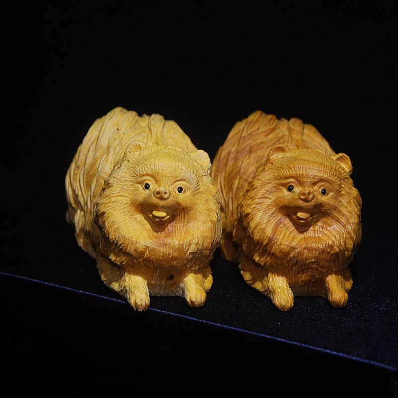 精品黄杨木雕博美犬雕件居家实木雕刻工艺品小摆件博美犬茶宠