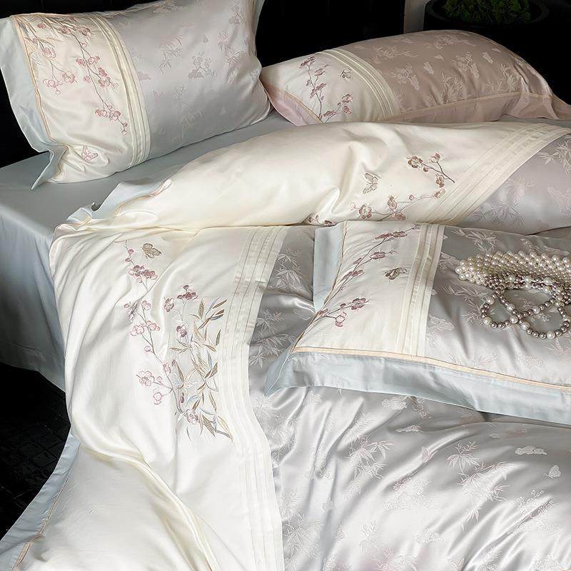 新中式国风100S长绒棉全棉四件套高级感竹子提花刺绣被套床上用品