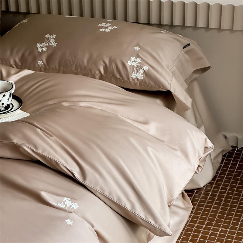田园风花卉刺绣素色全棉50支双贡缎长绒棉四件套丝滑轻奢双人套件