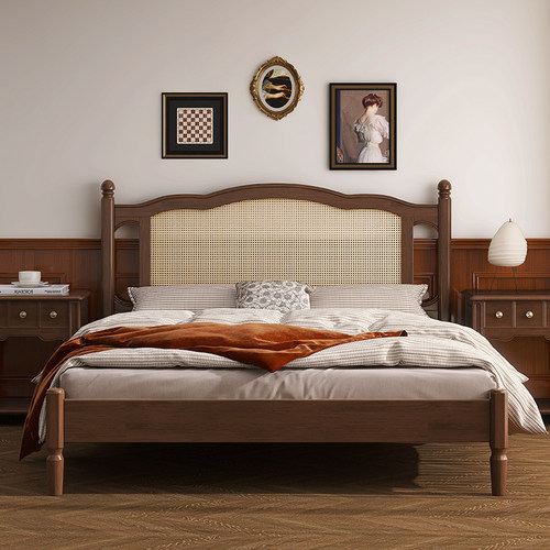 乡村美式实木床1.8M双人床现代简约法式床侘寂风藤编床北欧复古床