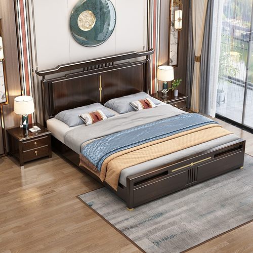 新中式实木床1.8米双人大床简约现代中国风轻奢禅意卧室储物婚床