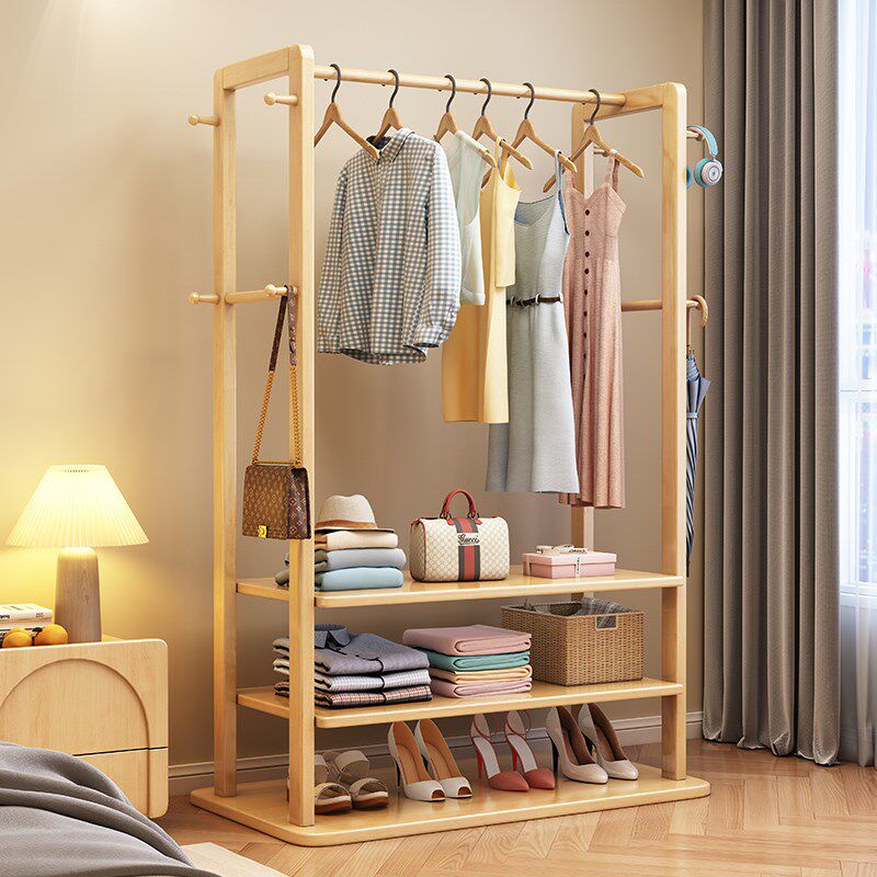 挂衣架实木落地卧室衣帽架简约现代民宿衣架鞋架一体多功能置物架