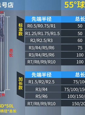 55度钨钢2刃加长铝用钢用球刀R3R4R5R6R8R10 150/200L