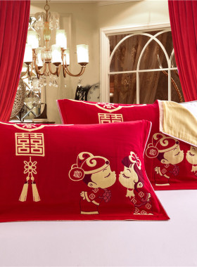 全棉六层纱布结婚床枕巾一对装加大红色喜庆单双人枕头巾55x85cm
