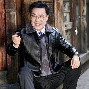 上衣 加绒加厚中老年人皮夹克休闲外套男士 秋冬季 中年皮衣男爸爸装