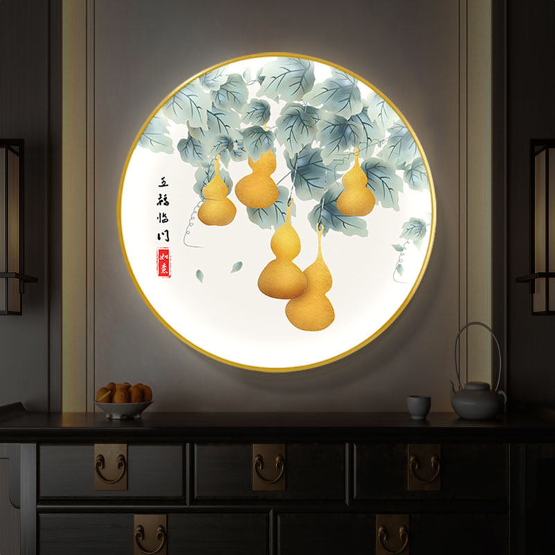 通体全面发光带灯装饰画客厅玄关新中式九鱼挂画圆形葫芦灯箱壁画
