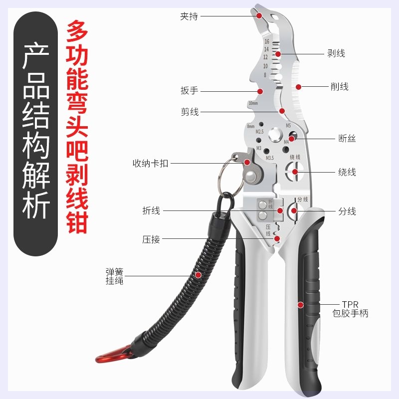 剥线多功能弯头分线扒皮专用压线绕线万能M工业剪线线管电工钳子