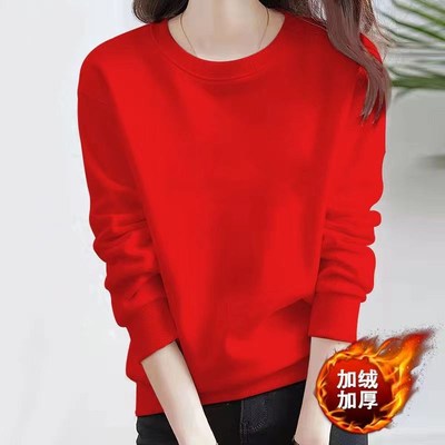 红色卫衣女秋冬新款加绒圆领套头衫春秋纯棉宽松妈妈装长袖女上衣