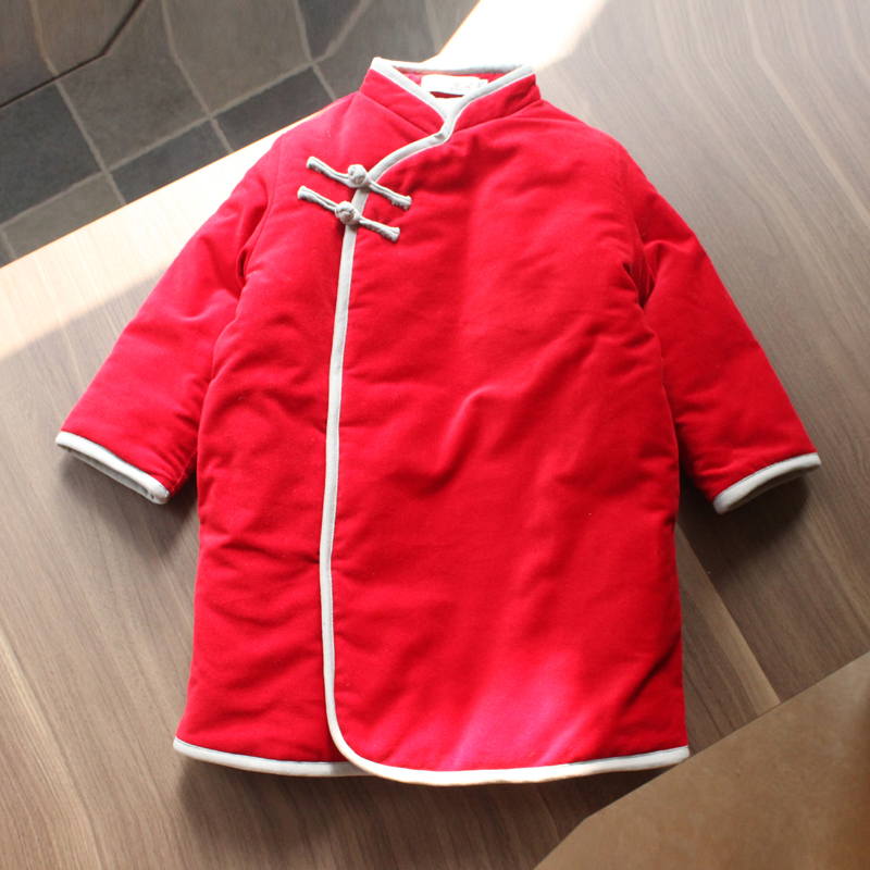 女童红色拜年服过年喜庆旗袍唐装冬加厚唐装汉服抓周生日加长棉衣