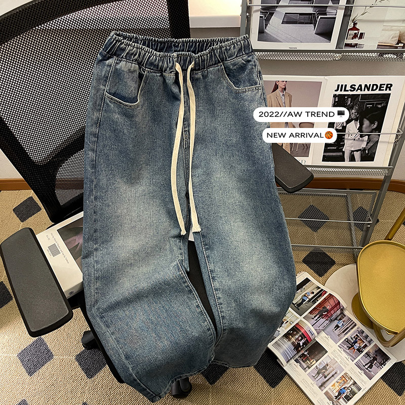 秋季松紧腰裤子男美式复古蓝牛仔裤男生抽绳直筒休闲青少年九分裤