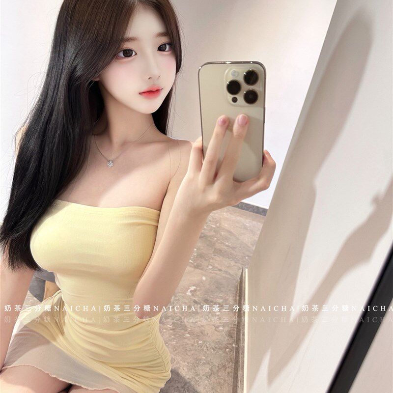 夏季新款纯欲风网纱抹胸包臀连衣裙紧身显身材黄色无袖裹胸短裙女