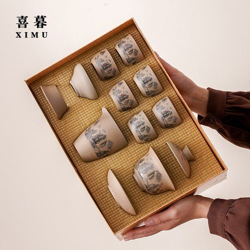 粗陶功夫茶具套装家用简约客厅办公室盖碗茶杯复古陶瓷泡茶壶礼品