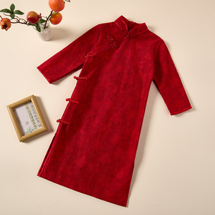 红色旗袍女童新中式国风秋冬款唐装连衣裙长袖加厚女孩新年拜年服