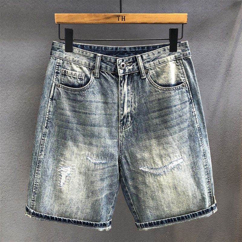 高品质纯棉复古刮烂水洗牛仔短裤男士夏季宽松直筒五分裤美式裤子,男装,短裤,淘宝优惠券,粉丝福利购,淘宝优惠卷