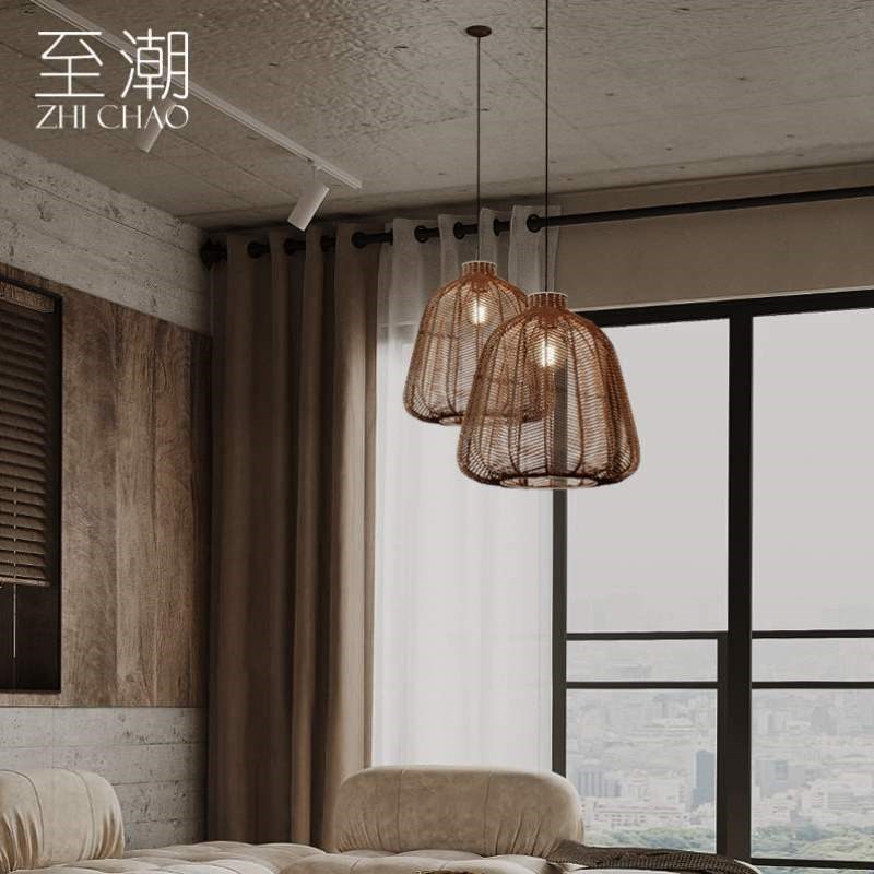 草编茶室民宿书房侘寂风棕色日式餐厅吊灯灯中古卧室禅意藤编客厅