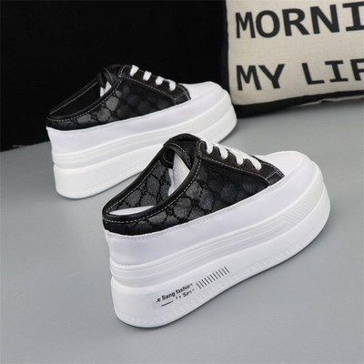 网面半拖鞋女2022夏季新款无后y跟厚底内增高10cm一脚蹬懒人凉半