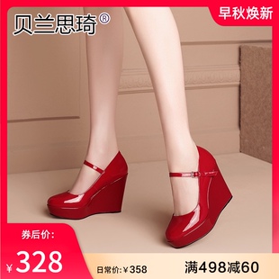 真皮一字带厚底坡跟单鞋 新款 红色漆皮防水台高跟鞋 女圆头2021春季