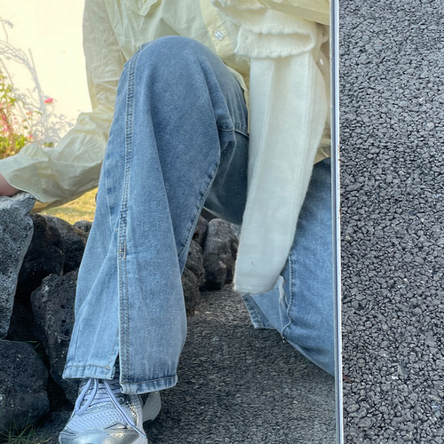 小胖噔大码牛仔裤女直筒宽松胖mm2021秋季新款高腰显瘦开叉阔腿裤
