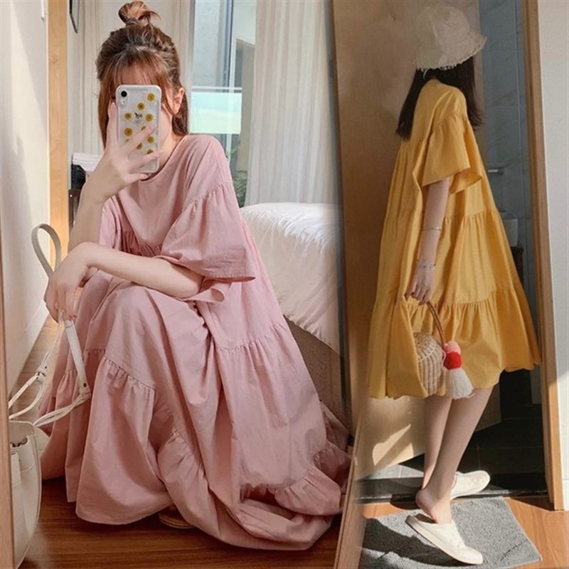 纯棉孕妇夏装连衣裙网红夏天薄款短袖娃娃裙大码宽松遮肚百搭裙子