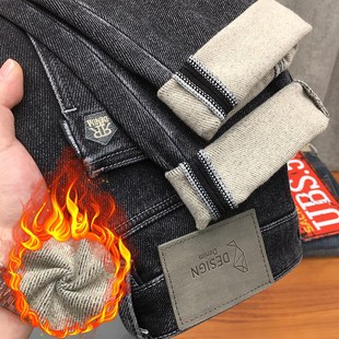 保暖加绒牛仔裤男黑灰色九分裤冬季厚款抓绒潮流修身直筒磨毛长裤
