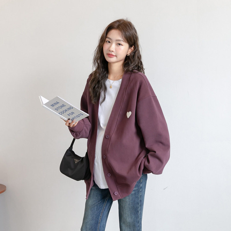 孕妇V领卫衣外套女春秋款棒球服薄款设计感宽松新款纯色开衫百搭