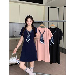 大码微胖女生连衣裙女夏季温柔风裙子胖mm遮肚显瘦气质通勤裙子