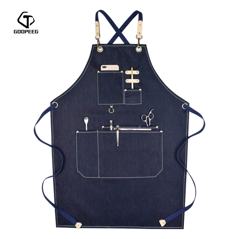 时尚纯棉牛仔围裙定制印字LOGO咖啡烘焙蛋糕奶茶店厨房男女工作服