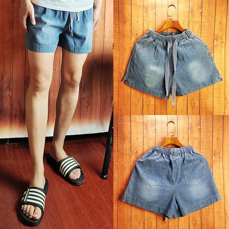 2025夏男士牛仔短裤大码阔腿裤松紧腰宽松显瘦百搭热裤三分超短裤