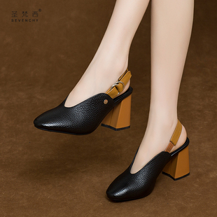女高跟鞋 复古包头凉鞋 春夏时尚 粗跟后空单鞋 2021年新款 真皮鞋 夏季