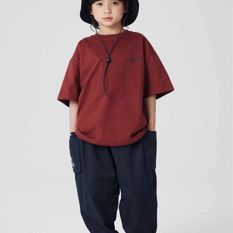 儿童潮牌童装高级暗红短袖T恤24夏季新款男女童纯棉宽松五分袖,童装/婴儿装/亲子装,T恤,淘宝优惠券,粉丝福利购,淘宝优惠卷