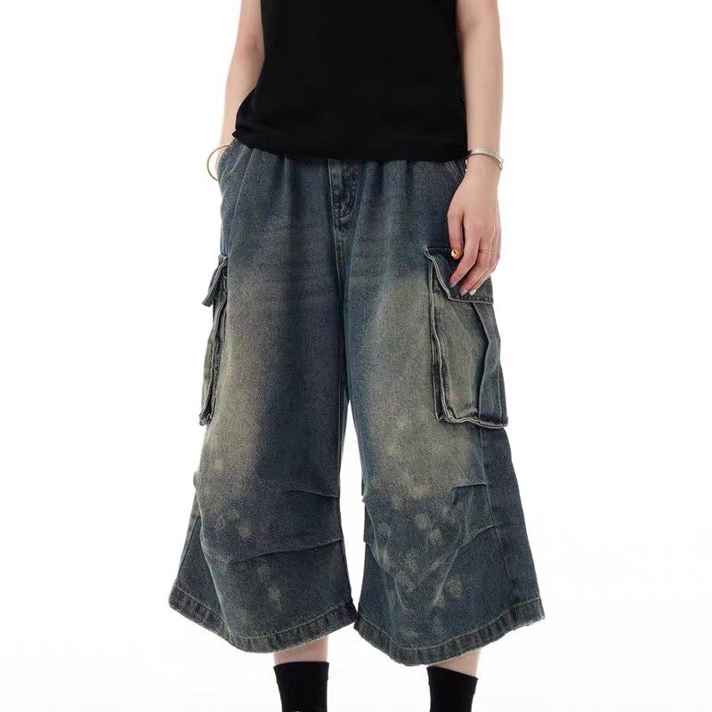 美式复古夏季多口袋水洗工装牛仔短裤男褶皱新款七分裤宽松垂感裤,男装,短裤,淘宝优惠券,粉丝福利购,淘宝优惠卷