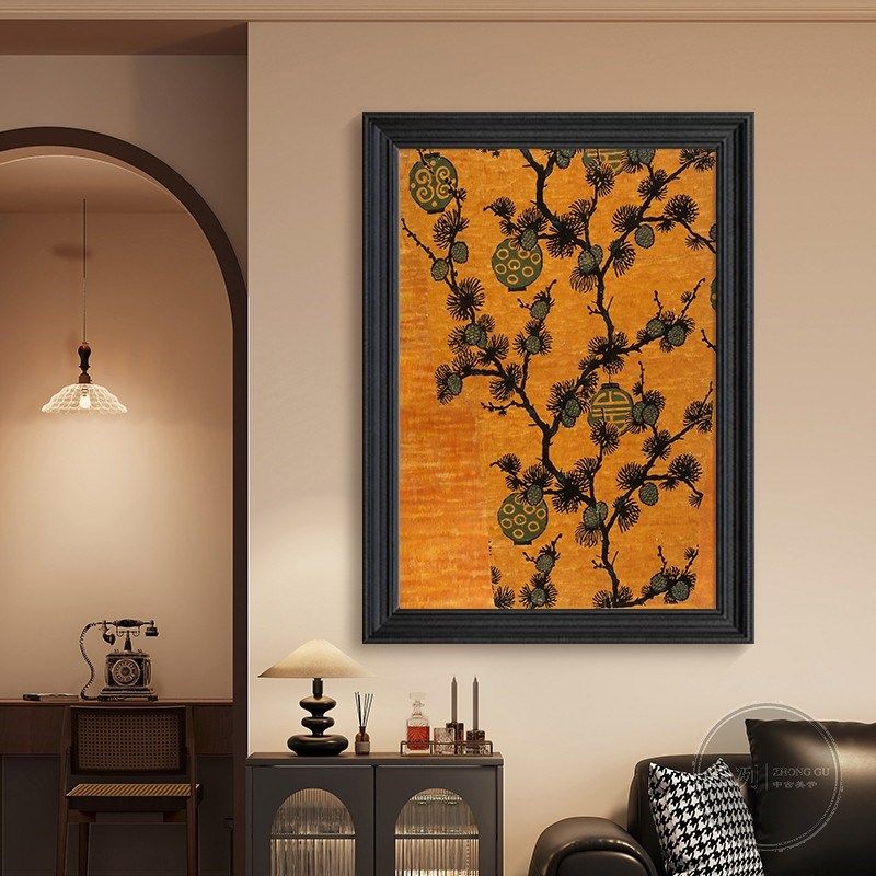 法式中国风客厅餐厅松树植物装饰画复古灯笼挂画入户玄关手绘油画