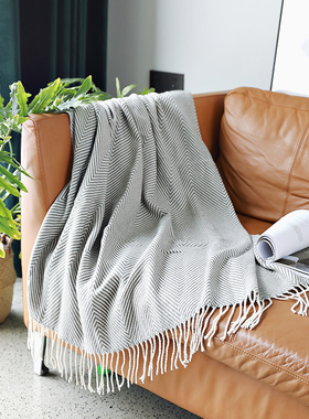 北欧人字纹灰色四季毯沙发盖毯办公室空调小毯子流苏午睡毯