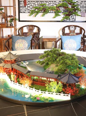 新中式大圆桌装饰酒店饭店餐桌中间摆花遥控雾化灯光桌芯景观摆件