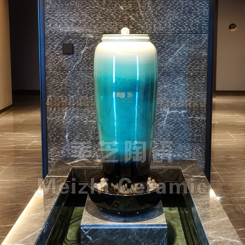 酒店水池陶瓷流水瓶水景陶缸喷泉花瓶花园涌泉陶罐客厅加湿器摆件