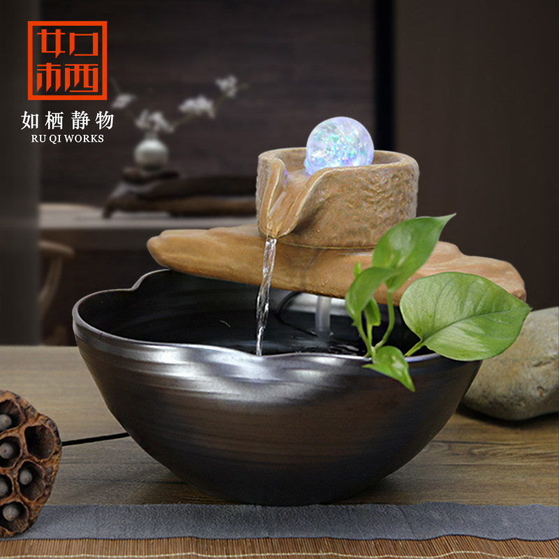 客厅风水轮招财流水喷泉鱼缸办公室桌面流水摆件陶瓷加湿器风水球