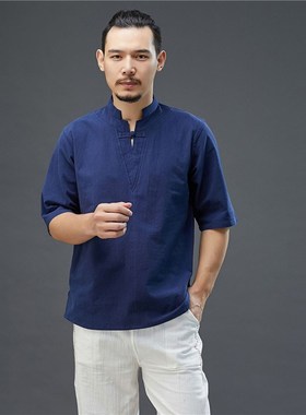 新中式男装短袖T恤中年休闲立领中国风上衣春夏季新款亚麻体恤禅