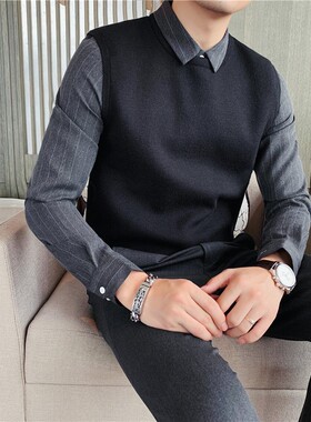 男士假两件衬衫领时尚毛衣秋冬季韩版个性潮流刺绣修身条纹针织衫