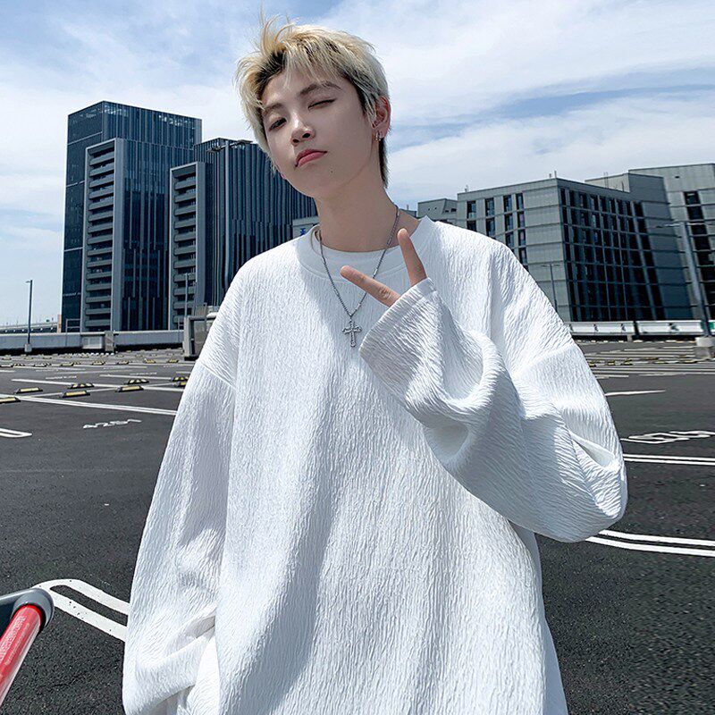 秋冬季打底衫纯白色套头圆领卫衣男生春秋款宽松大码内搭长袖T恤