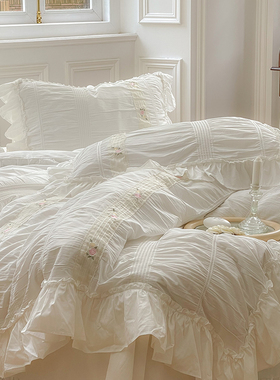 韩式少女心全棉水洗棉四件套纯棉绣E花公主荷叶边白色床单被套床