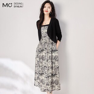 2025夏季复古设计感针织小外披上衣+碎花吊带连衣裙子两件套装