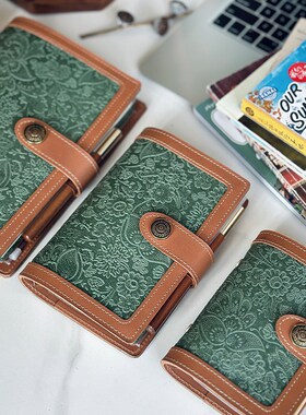 本儿哥的本子 真皮活页手账本绿色花纹A5A6A7牛皮记事本日记本