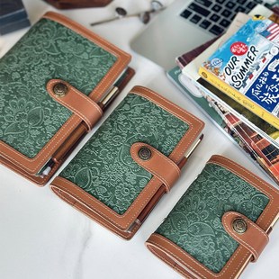 本儿哥的本子 真皮活页手账本绿色花纹A5A6A7牛皮记事本日记本