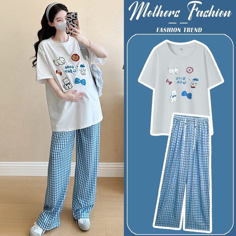 孕妇套装夏季2025新款白色卡通时尚减龄外出短袖上衣裤子两件套女
