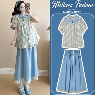 孕妇连衣裙套装夏季2025新款韩A版甜美减龄短袖上衣半身裙两件套