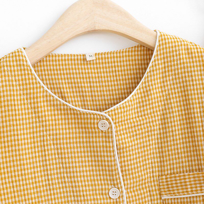 情侣短袖七分裤睡衣女男士夏季纯棉纱布薄款日系小格子家居服套装