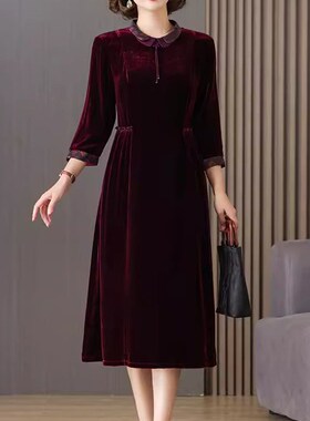 垂坠感加厚真丝连衣裙长袖秋冬新款全丝绒婚宴礼服2023秋冬妈妈装