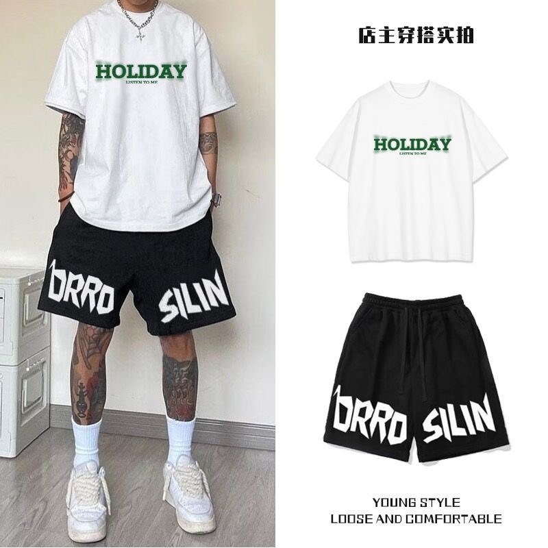 伊泽出品新款运动装夏季休闲纯棉短袖短裤男士套装美式宽松情侣款