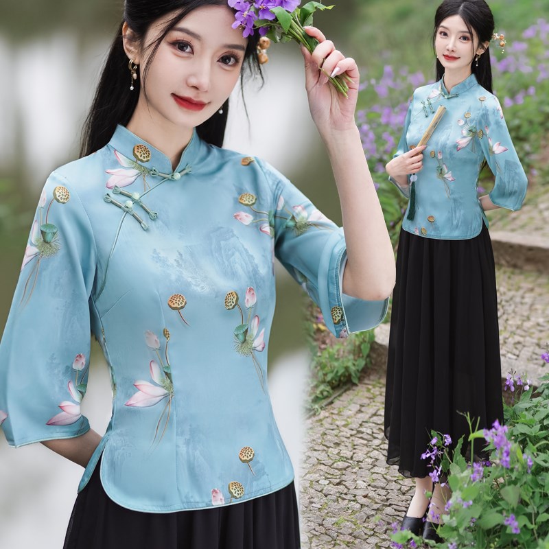 新中式旗袍两件套复古民国风印花妈妈装广场舞表演服胖妹妹上衣