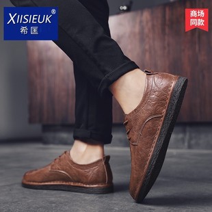 休闲悠闲平板皮鞋 棕色2024新款 子男土潮百搭配九分牛仔小脚裤 鞋 版